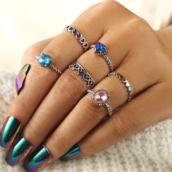 Heart Band Gemstone Silver Boho Gypsy Midi Rings - Picture 6 of 8